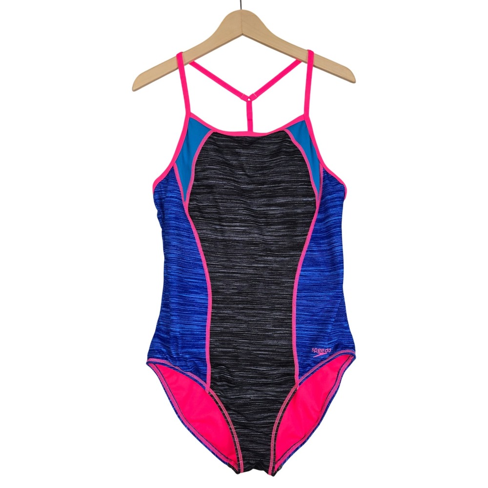 Speedo Women's Endurance Lite Hydro Bra One Piece Swimsuit Space Dye Blue 14